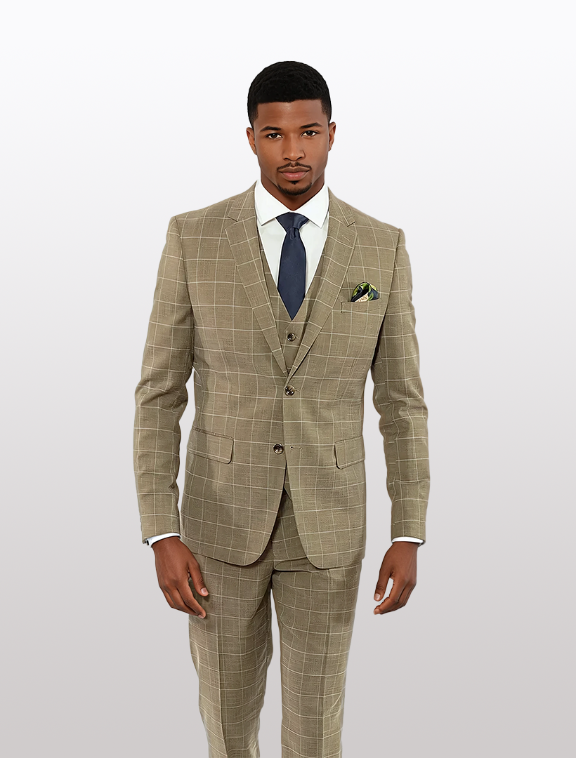 A man in a FUBU Coffee Brown with White Windowpane Vested Suit by Fubu The Colle, crafted from Tetron Rayon, featuring a slim fit and stretch armhole, stands against a plain background.