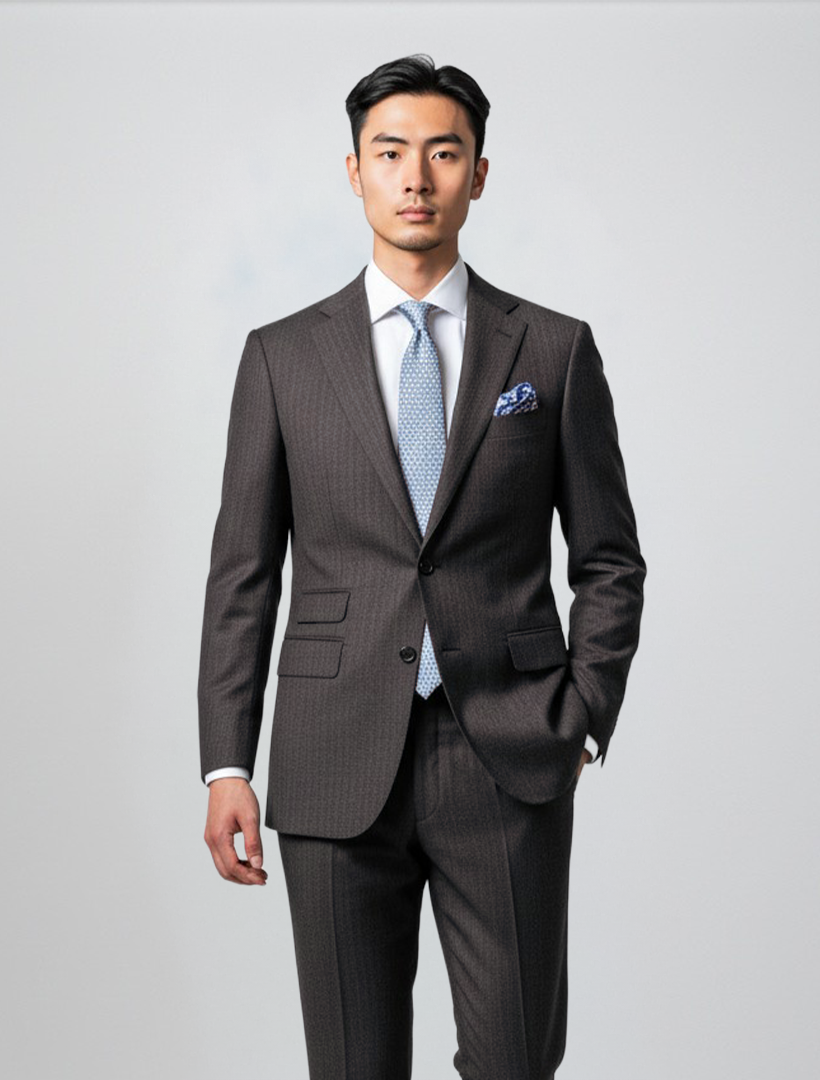 A man wearing the Douglas Grahame Men’s Brown Chalk Stripe Wool Slim Fit Suit stands against a plain light background, looking directly at the camera with one hand in his pocket—an ideal look for those seeking inspiration for a classic wedding suit or sophisticated prom suit for men.