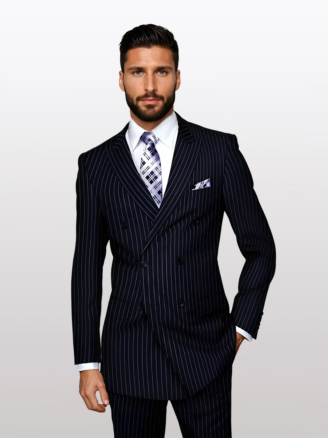 Statement Men's Navy Pin Stripe Double Breasted Suit – Karako Suits Statement Men's Navy Pin Stripe Double Breasted Suit – Karako Suits