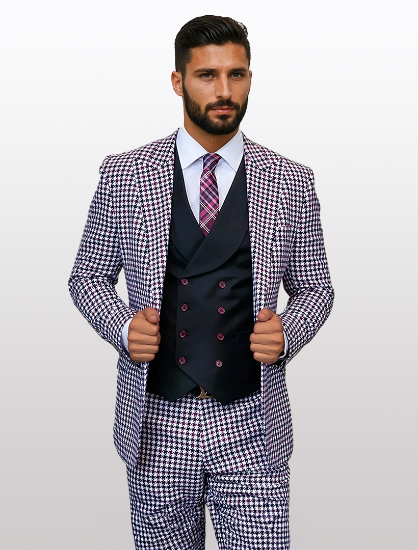 Man wearing a Statement brand modern fit suit in white and burgundy houndstooth with a double-breasted vest and checkered tie, standing against a gradient background.