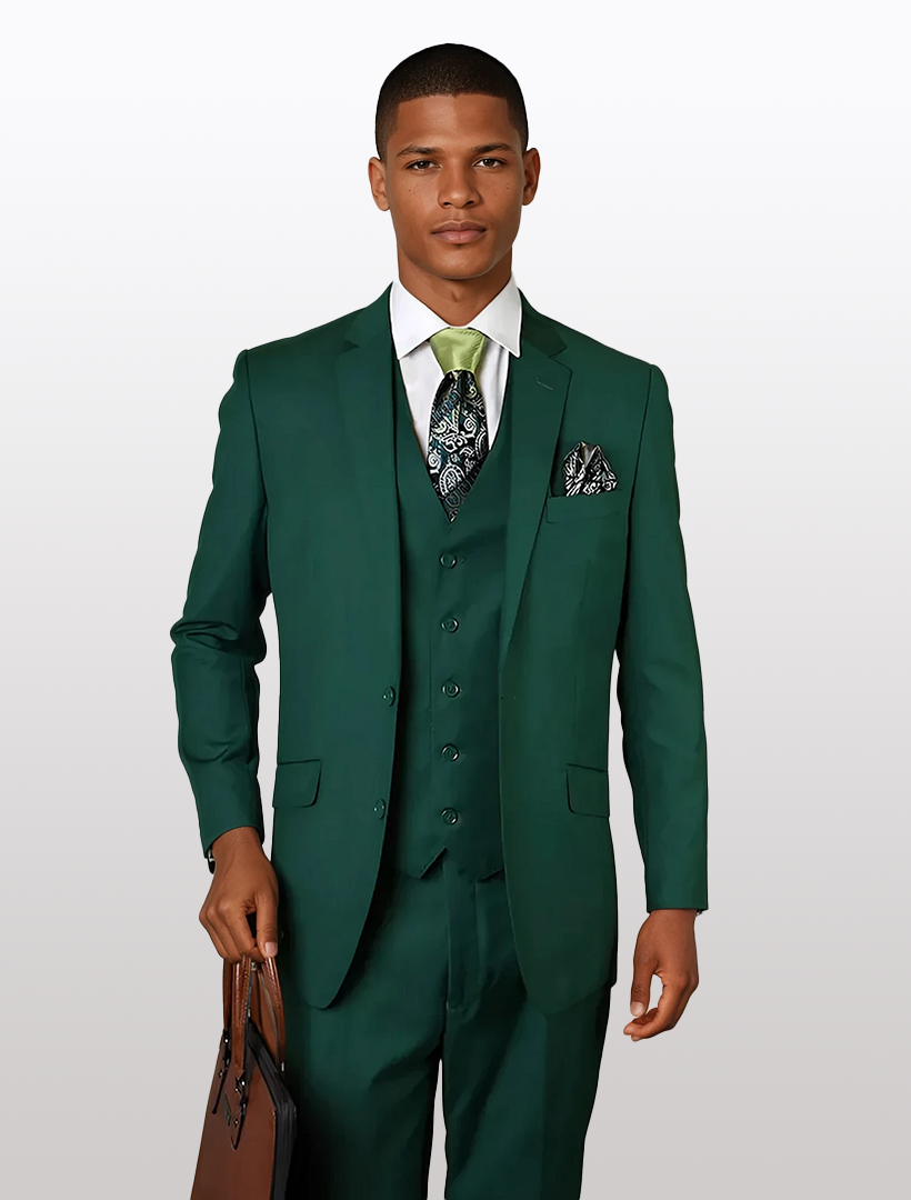 A person in a Statement Men's Forest Green Modern Fit 100% Wool Vested Suit, paired with a crisp white shirt and patterned tie, holds a brown briefcase against a plain background.