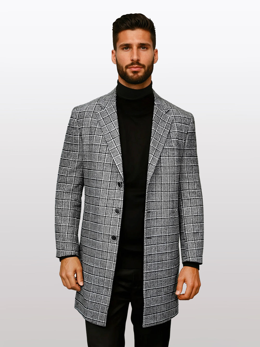 A man wearing a black turtleneck and a Statement Men's Grey with Black Windowpane 100% Wool 3/4 Coat stands against a light background.