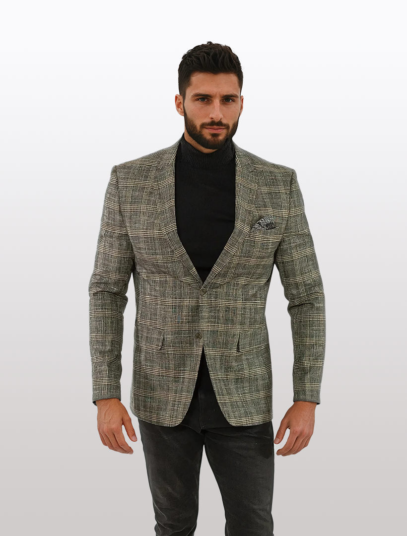 A man wearing a FUBU Black with Tan Tartan Slim Fit Sport Jacket and a black turtleneck stands against a plain background.