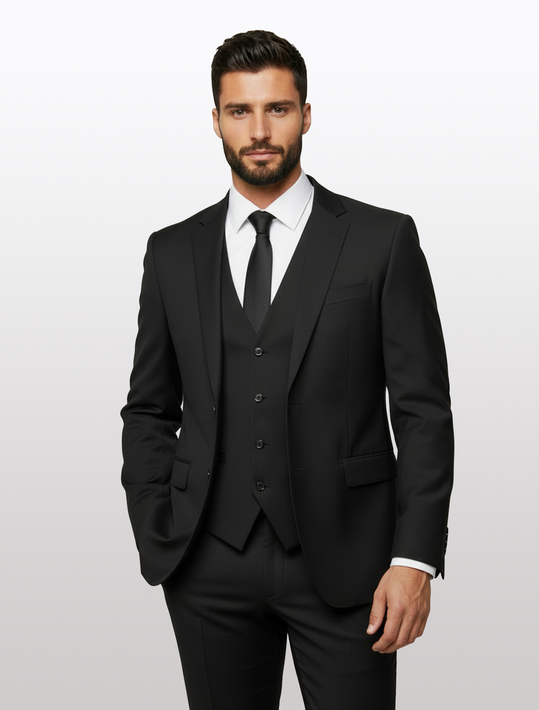 A man wears the Black Men's Slim-Fit Suit Separates Jacket by Karako Separate, made with high-performance stretch fabric, posing against a plain light background with one hand in his pocket.