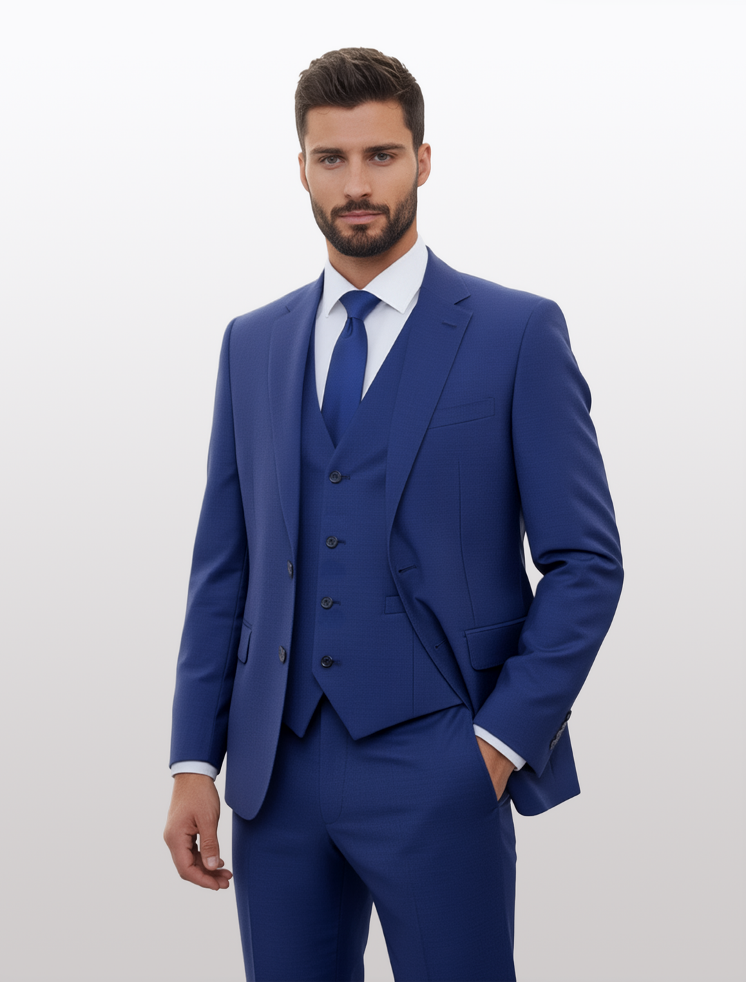 A man with short dark hair and a beard is wearing the Blue Men's Slim-Fit Suit Separates Jacket by Karako Separate, paired with a white shirt and blue tie, standing against a plain light background.