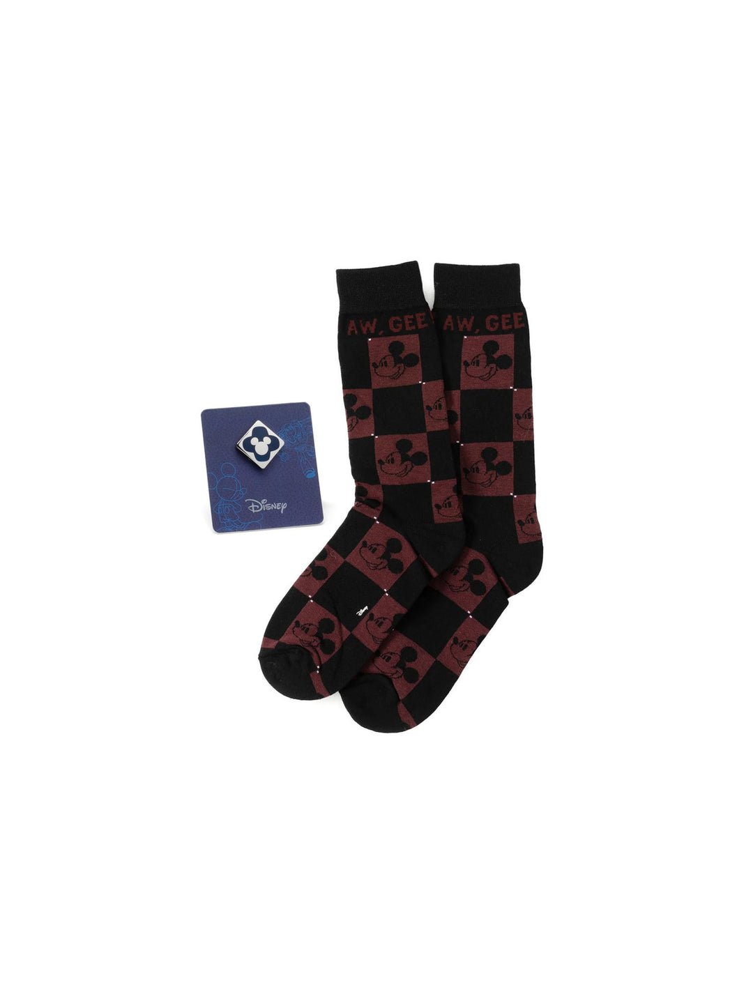 A Disney Mickey Mouse Red Check Sock and Mickey Blue Lapel Pin Gift Set featuring black and red checkered socks with Mickey silhouettes and “AW, GEE” text, alongside a blue Mickey lapel pin.