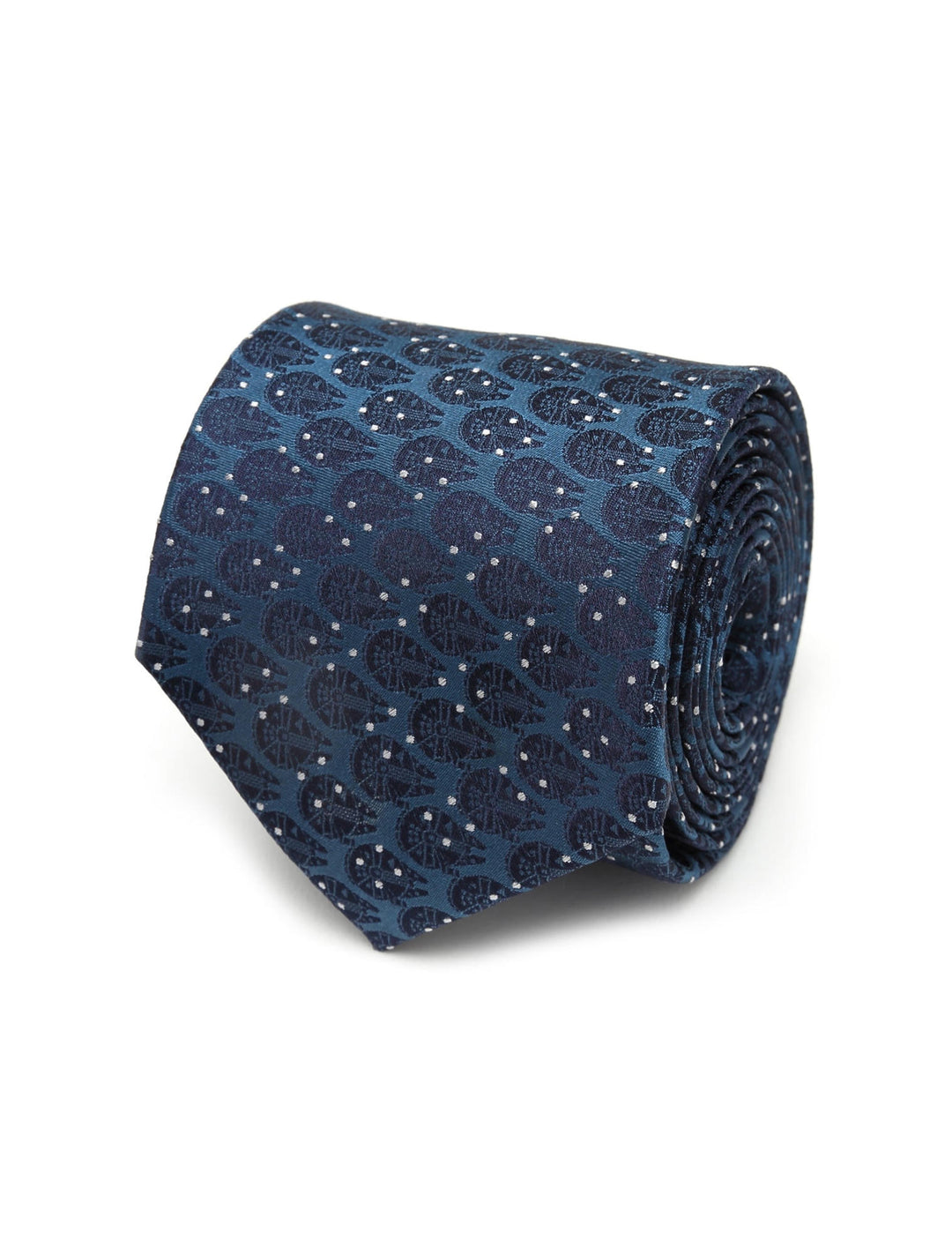 A rolled-up Star Wars Millennium Falcon Blue and White Dot Tie in navy blue silk, featuring a repeating pattern of white dots and starships.
