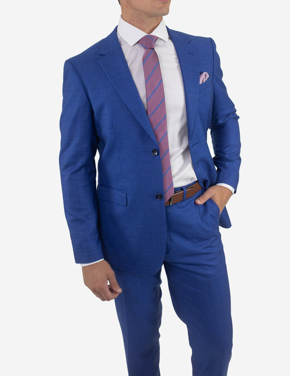 Men's Royal Blue Windowpane Slim Fit Suit Karako Suits