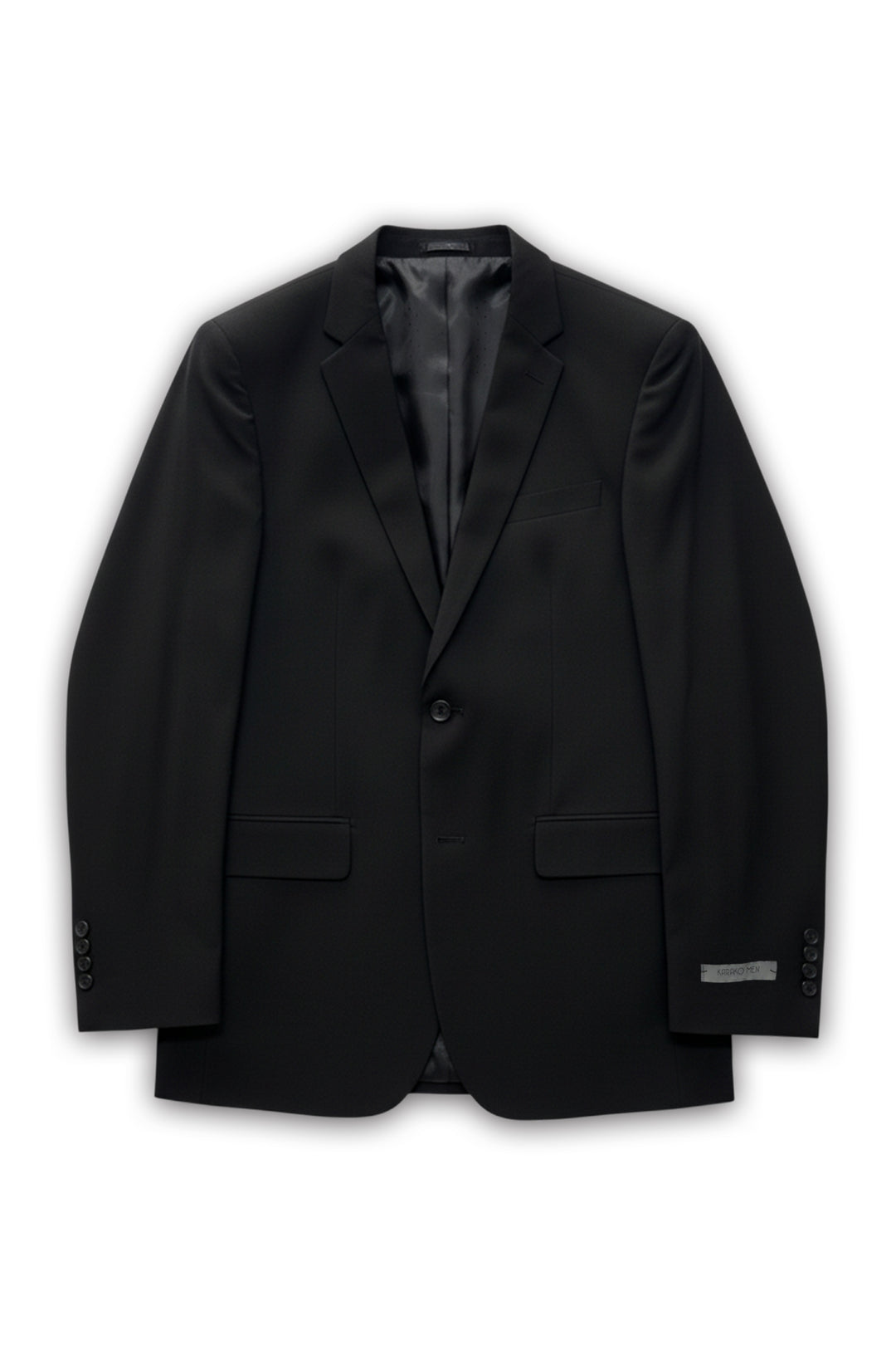 The Karako Men Mens Black Suit features a jacket with notch lapels, two front pockets, a chest pocket, and three-button cuffs—perfect as a stylish wedding or prom suit for men, displayed flat on a white background.