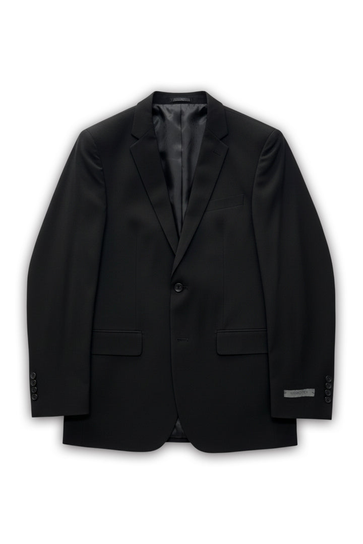 The Karako Men Mens Black Suit features a jacket with notch lapels, two front pockets, a chest pocket, and three-button cuffs—perfect as a stylish wedding or prom suit for men, displayed flat on a white background.