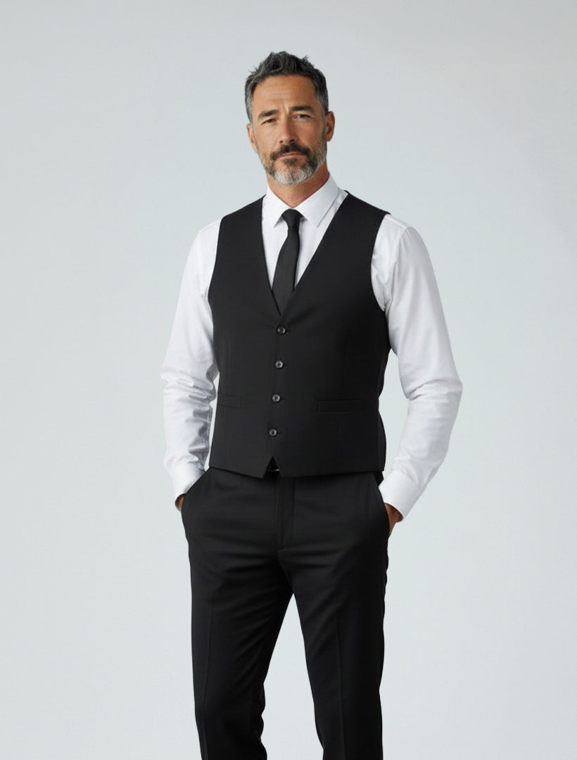 A man with short dark hair and a beard wears a white dress shirt, black tie, black trousers, and the FUBU Black Separates Slim-Fit Vest by Fubu The Colle, standing with his hands in his pockets against a plain light background.