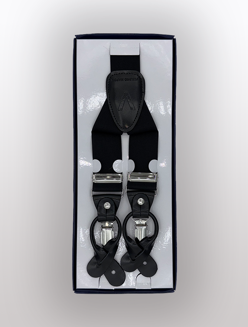 The Men's Black Suspenders by Ckl, featuring woven elastic and convertible metal clips with elegant leather details, presented in a boxed set.