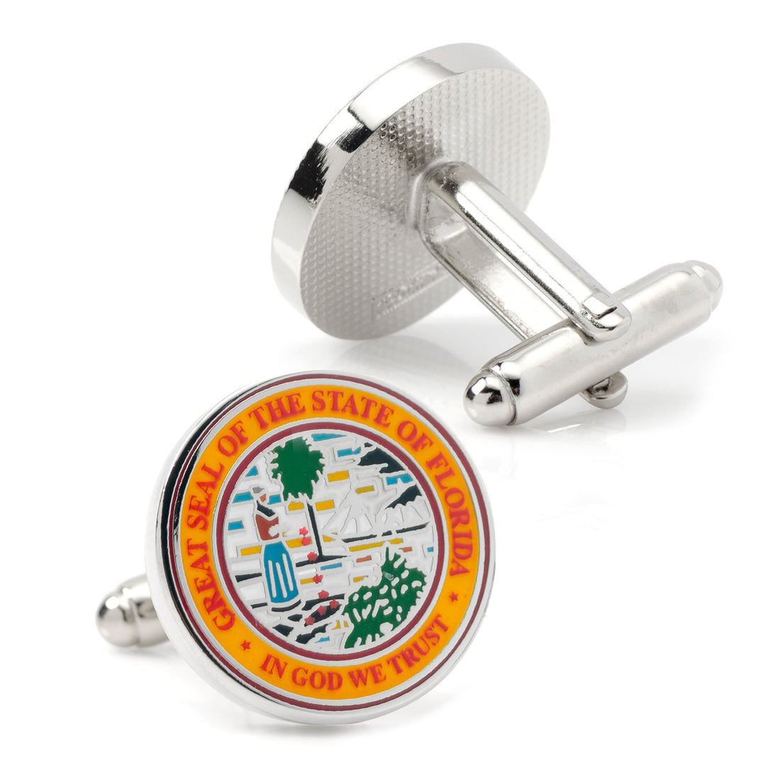 Florida Seal Cufflinks in silver-tone enamel featuring the circular Great Seal of the State of Florida in full color.