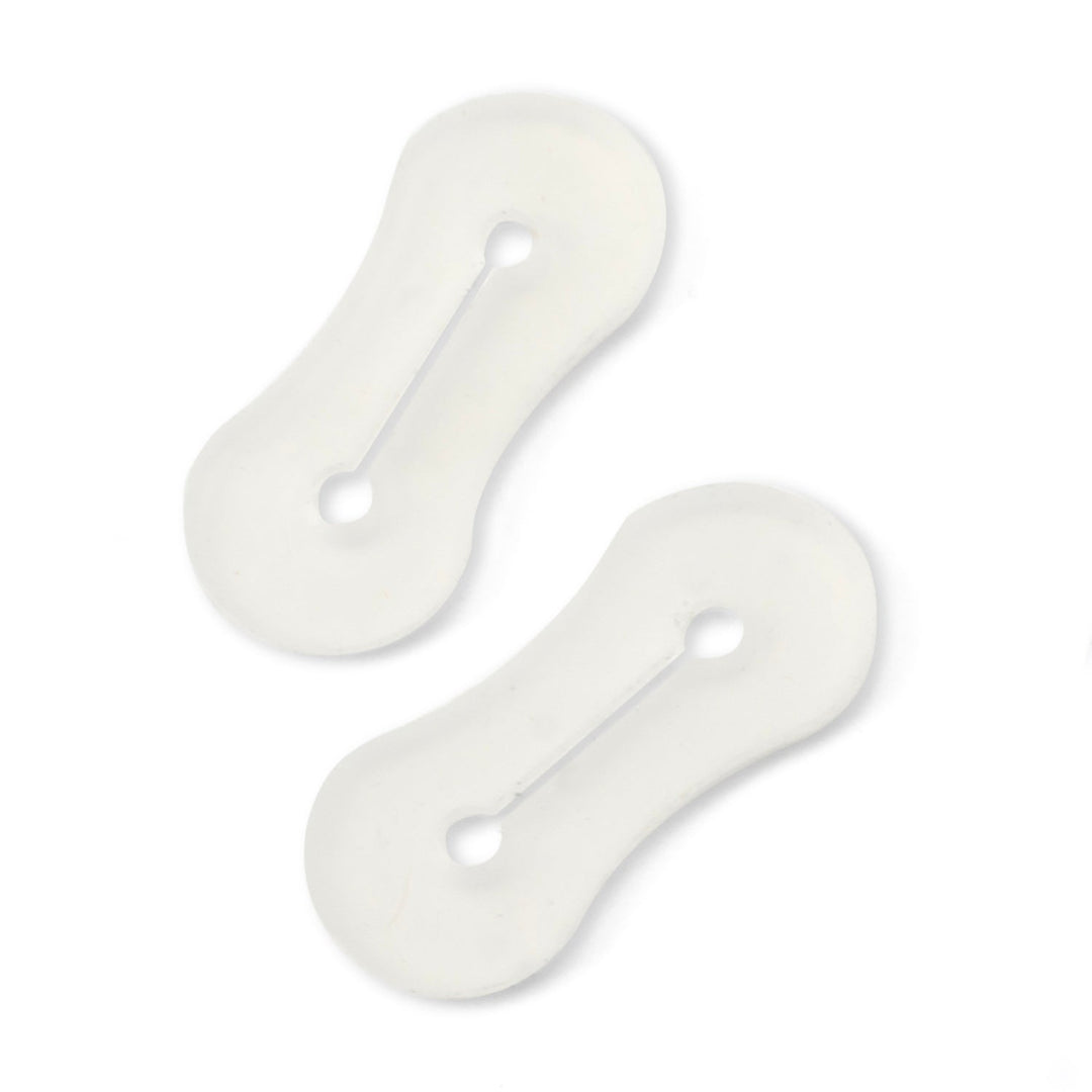 Two translucent, oblong Cufflink Adapters with a slit and circular openings at each end.