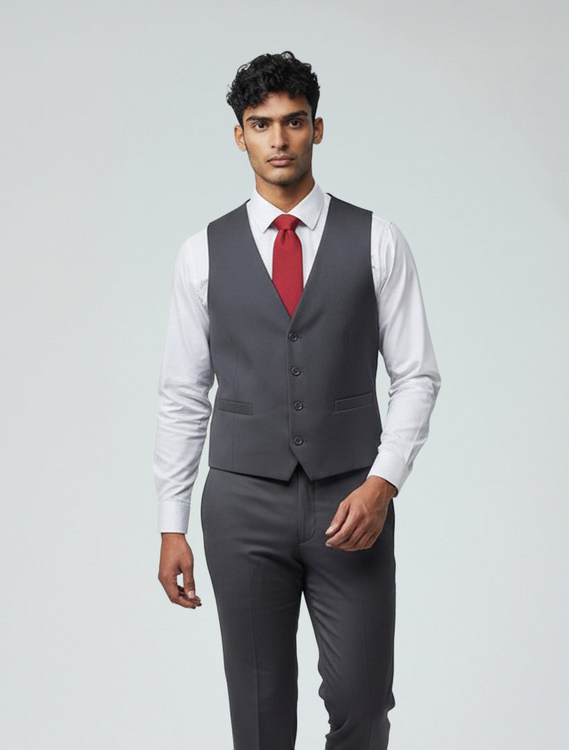 A man wears the Charcoal Grey Men's Slim-Fit Suit Separates Vest by Karako Separate, with matching trousers, a white dress shirt, and a red tie, standing against a plain light background.
