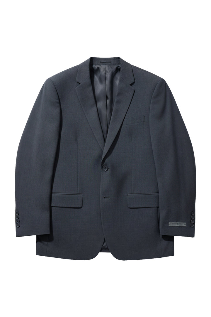 The Karako Men Mens Charcoal Suit is a dark gray prom jacket with notch lapels, two buttons, front flap pockets, and a chest pocket, shown on a white background.