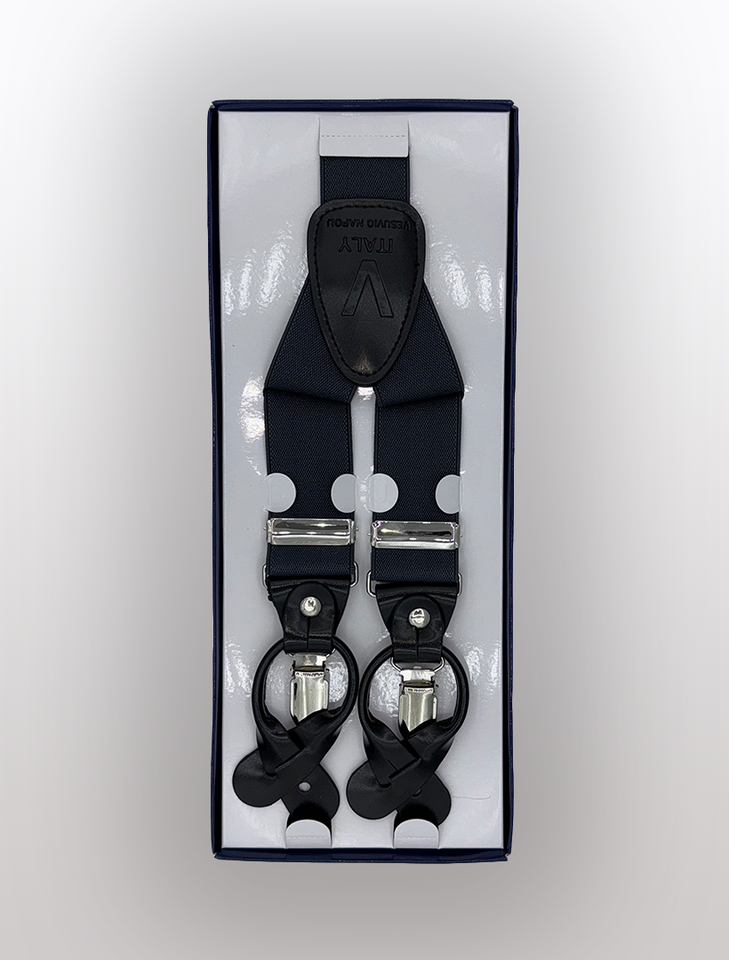 A pair of charcoal suspenders for men by Ckl, packaged in a box, featuring silver adjustable clasps, woven elastic straps with leather detailing, and an "Italy" label on the back.
