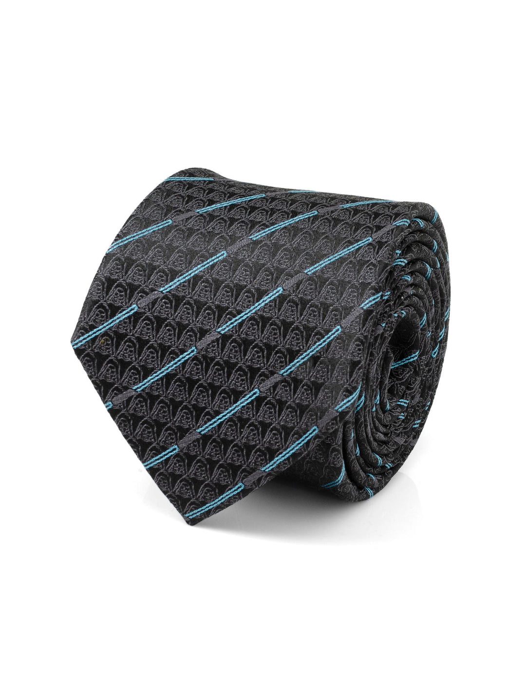 Star Wars Obi-Wan Kenobi LIGHTSABER Pattern Black Tie featuring a repeating pattern of Darth Vader helmets and diagonal blue lightsaber blades.