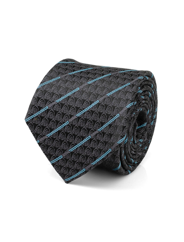 Star Wars Obi-Wan Kenobi LIGHTSABER Pattern Black Tie featuring a repeating pattern of Darth Vader helmets and diagonal blue lightsaber blades.