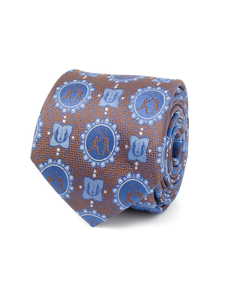 Star Wars Obi-Wan Kenobi and Anakin Skywalker LIGHTSABER Battle Blue Tie in brown and blue silk with a repeating pattern of circular medallions featuring silhouettes of figures dueling with lightsabers.