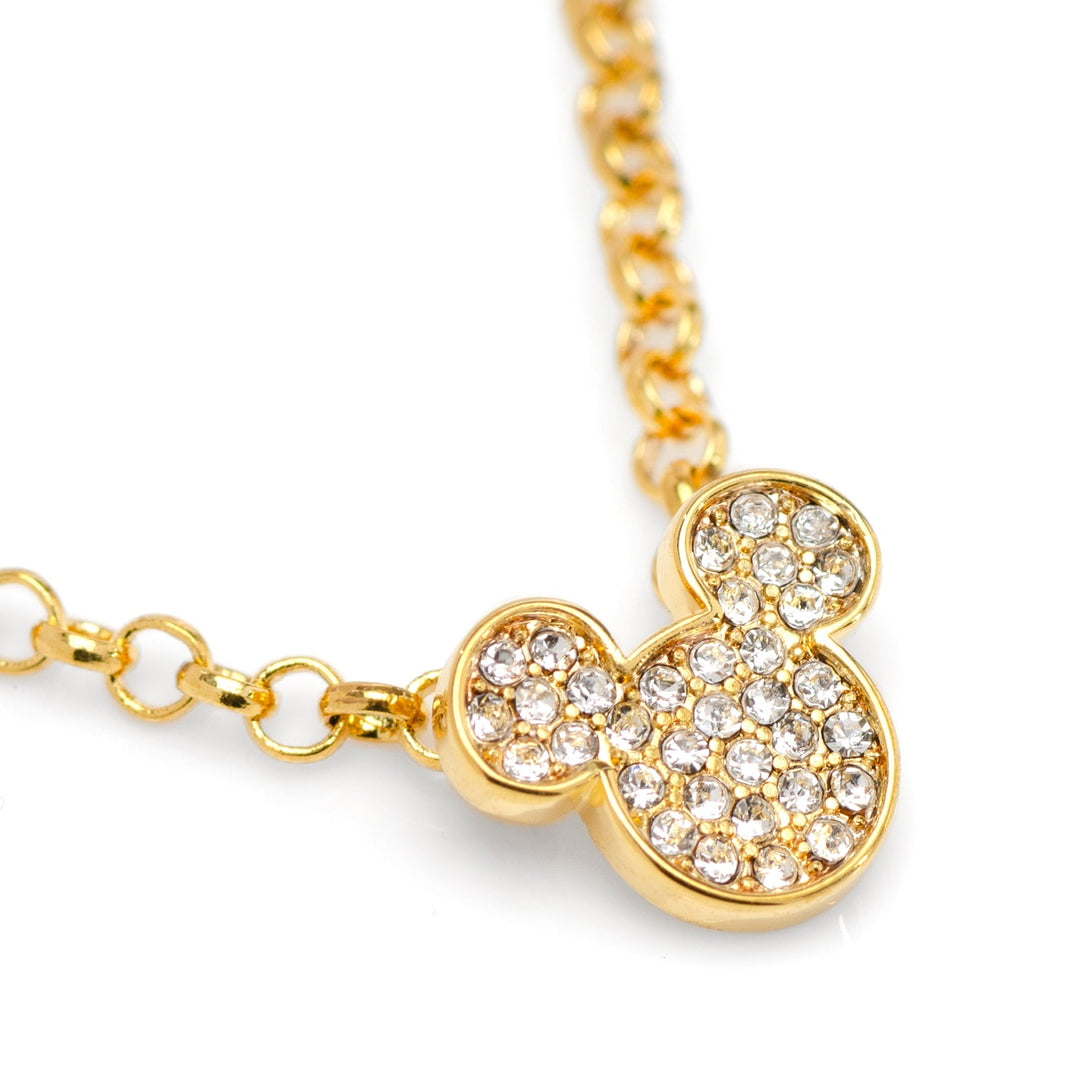 Disney Mickey Mouse Gold Crystal Chain Tie Bar featuring a gold chain and a vintage-style, crystal-accented Mickey Mouse silhouette.