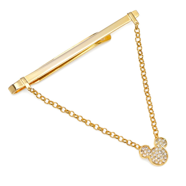 Disney Mickey Mouse Gold Crystal Chain Tie Bar featuring a gold-tone vintage style bar with a dangling chain and a crystal-studded Mickey Mouse icon.