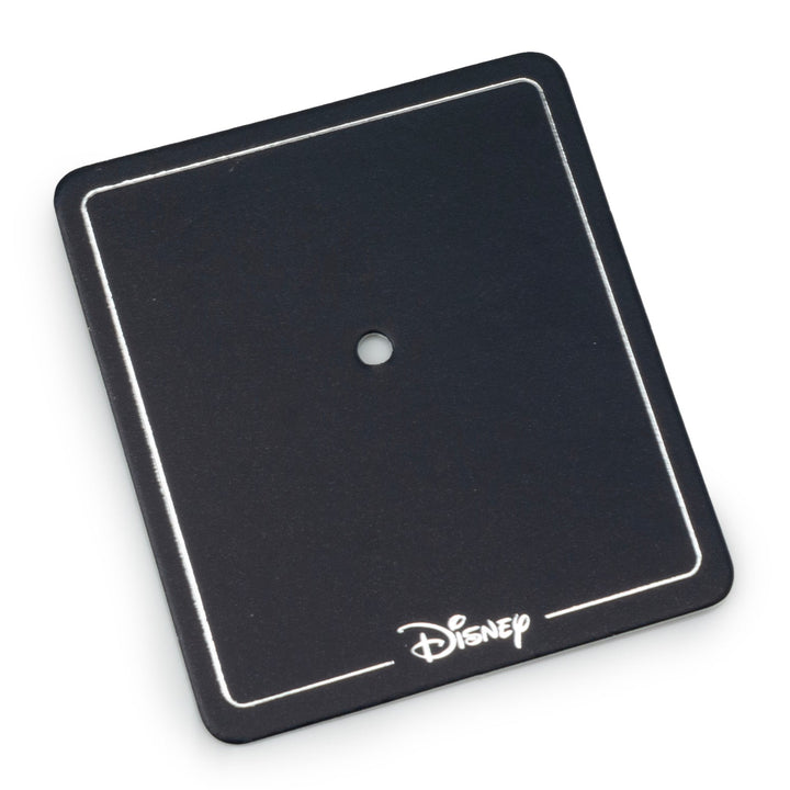 Black rectangular display card for a Disney Mickey Mouse Silhouette Lapel Pin, featuring a central hole, a thin silver border, and the Disney logo at the bottom.