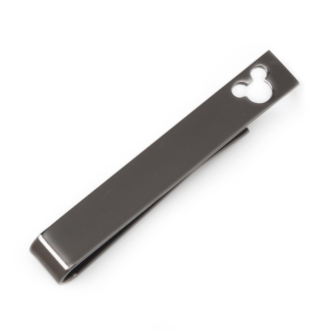 Disney Mickey Mouse Cutout Black Tie Bar, a dark metallic accessory featuring a head-shaped cutout at one end.