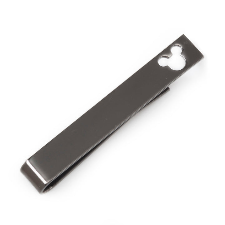 Disney Mickey Mouse Cutout Black Tie Bar, a dark metallic accessory featuring a head-shaped cutout at one end.