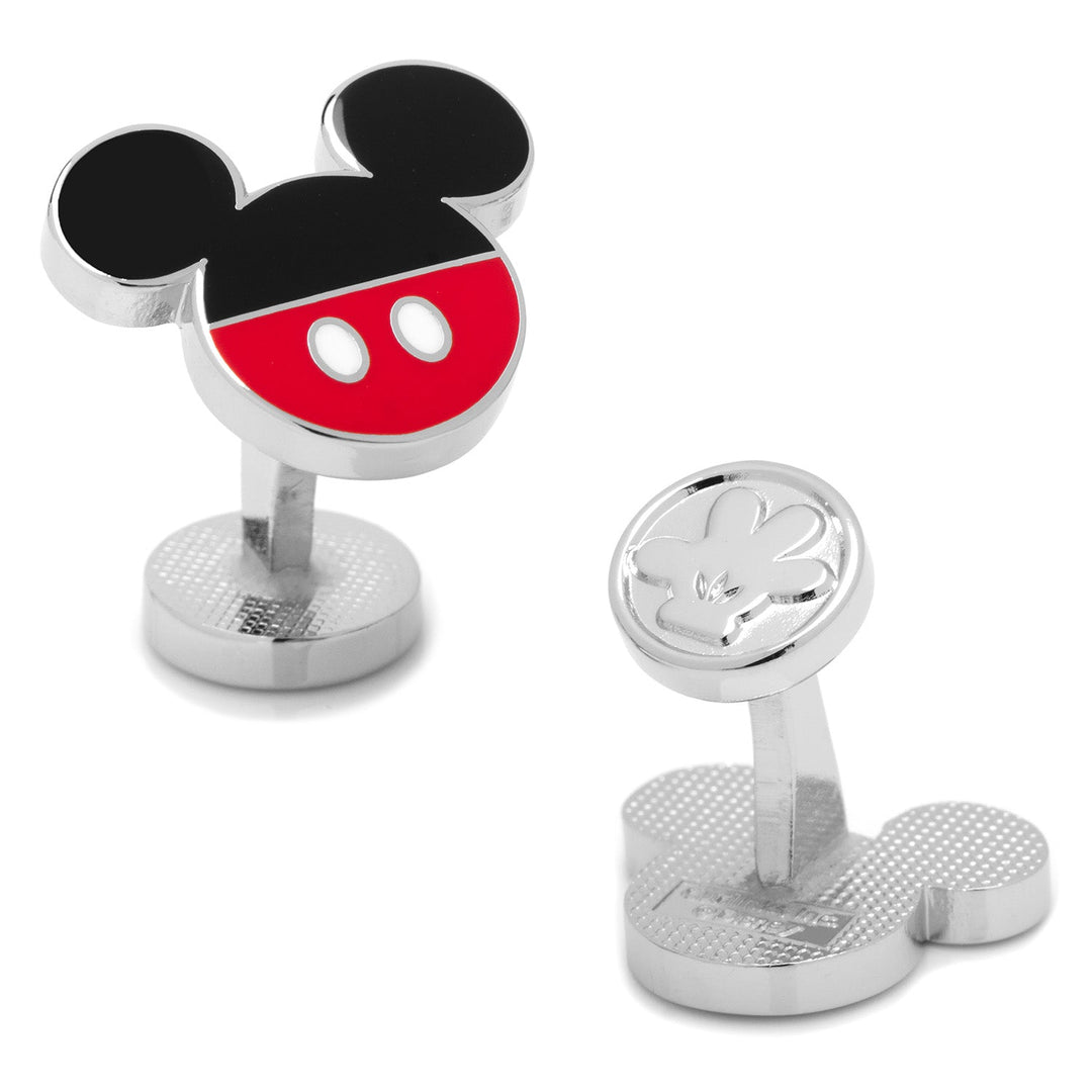Disney Mickey Mouse Pants Cufflinks, one featuring iconic red pants and a black top, and the other showcasing an embossed glove design on the base and stem.