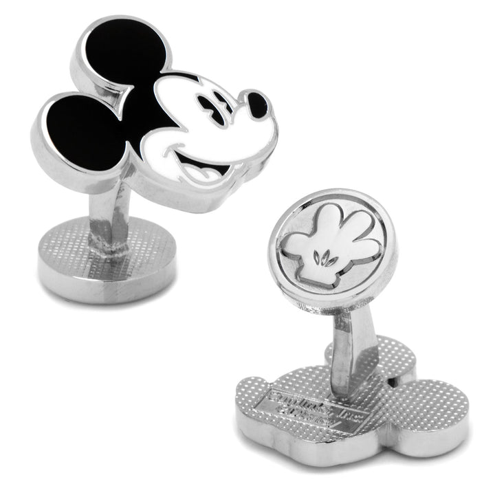 Disney Mickey Mouse Vintage Cufflinks in silver-tone, featuring a black and white head silhouette with a gloved hand icon on the back of one piece.