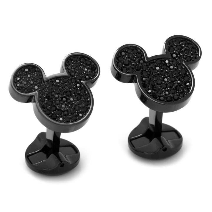 Disney Mickey Mouse Stainless Steel Black Pave Crystal Cufflinks shaped like the iconic head and inlaid with small black crystals.