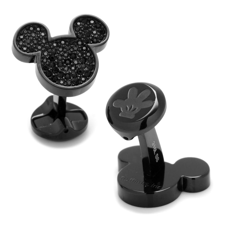 Disney Mickey Mouse Stainless Steel Black Pave Crystal Cufflinks featuring one crystal-pave front and another with a smooth finish and an etched glove design.