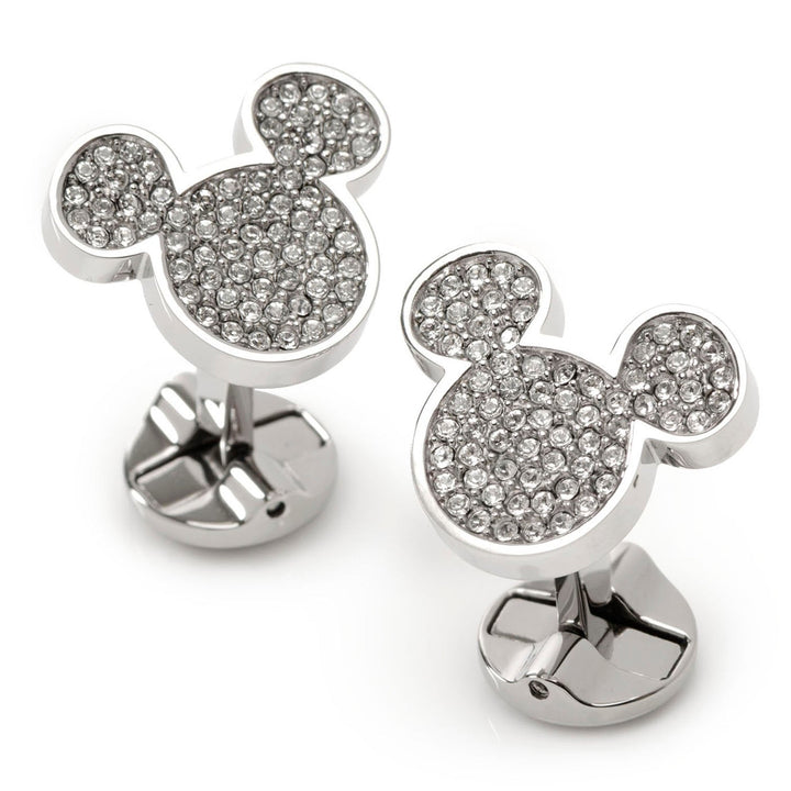 Disney Mickey Mouse Stainless Steel White Pave Crystal Cufflinks featuring silver-toned Mickey Mouse silhouettes inlaid with clear crystals.