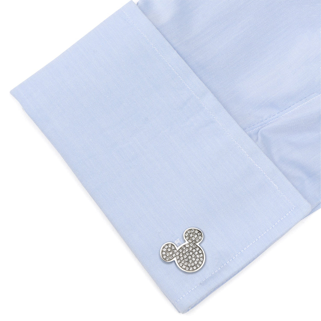 Disney Mickey Mouse Stainless Steel White Pave Crystal Cufflinks featuring small crystals on a light blue dress shirt cuff, adding a playful touch.