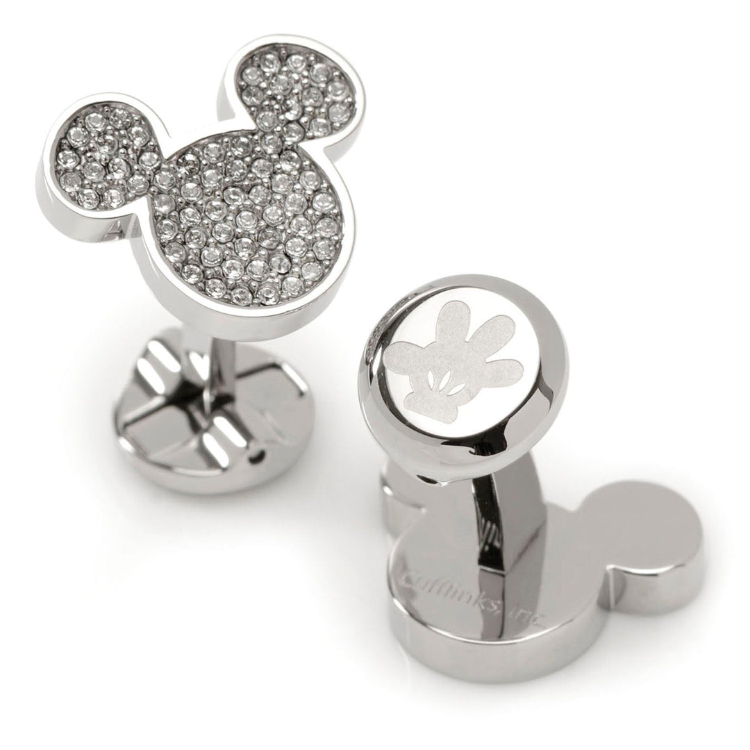Disney Mickey Mouse Stainless Steel White Pave Crystal Cufflinks: one silver-tone head filled with clear crystals, and one round base engraved with a Mickey glove.