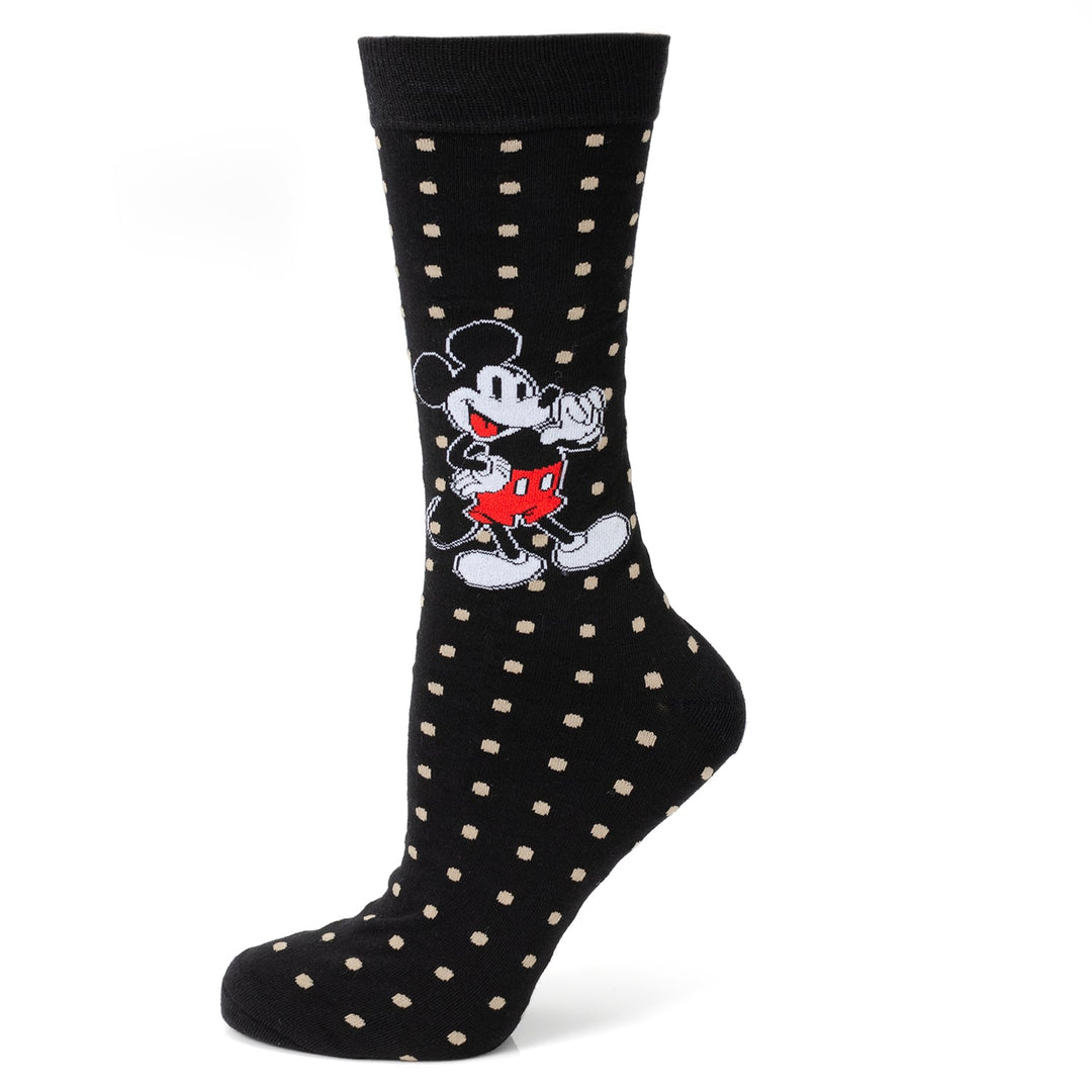 Black crew sock with a tan polka dot pattern and Mickey Mouse graphic from the Disney Mickey Mouse Dot Socks and Blue Lapel Pin Gift Set.