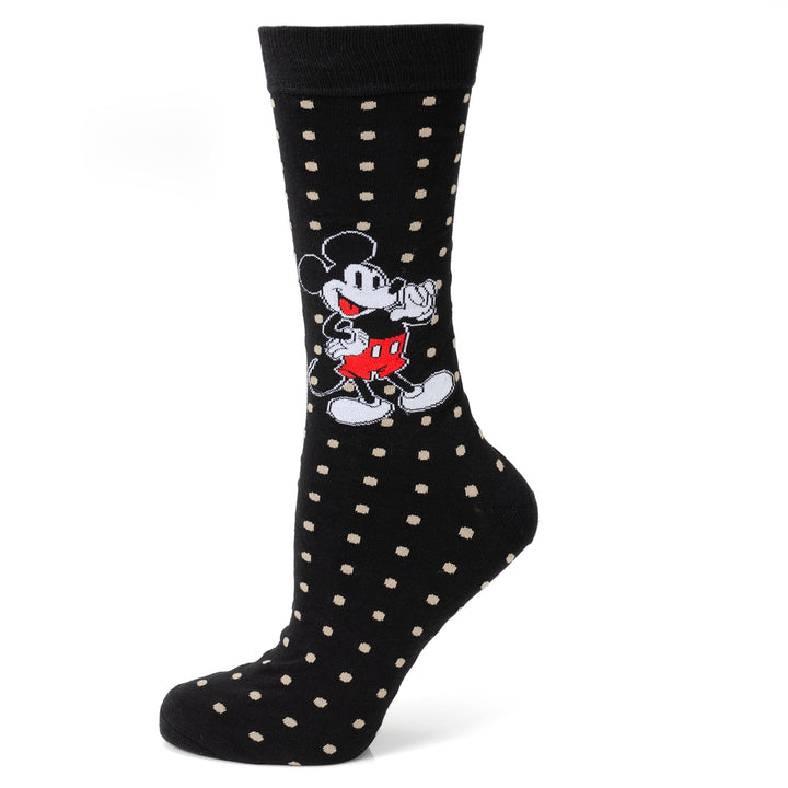 Black crew sock with a tan polka dot pattern and Mickey Mouse graphic from the Disney Mickey Mouse Dot Socks and Blue Lapel Pin Gift Set.