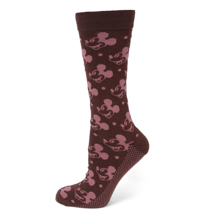 Dark brown crew sock from the Disney Mickey Mouse Red Dot Socks and Blue Lapel Pin Gift Set, featuring a repeating pattern of pink Mickey Mouse heads and polka dots.