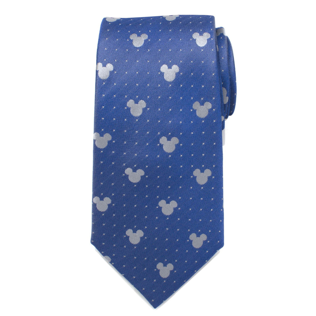 Disney Mickey Mouse Blue Pin Dot Men’s Tie in blue silk, patterned with white silhouettes and small dots.
