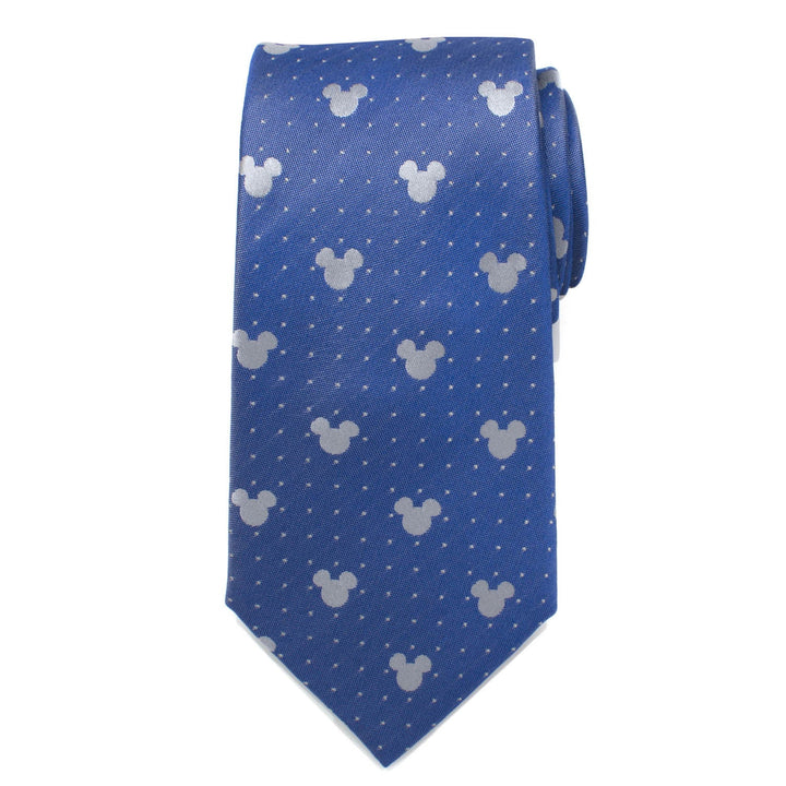 Disney Mickey Mouse Blue Pin Dot Men’s Tie in blue silk, patterned with white silhouettes and small dots.
