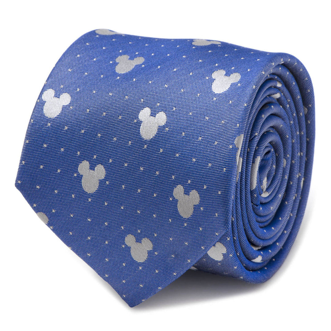 Disney Mickey Mouse Blue Pin Dot Men’s Tie in blue silk with a white pin dot pattern and light gray icon silhouettes.