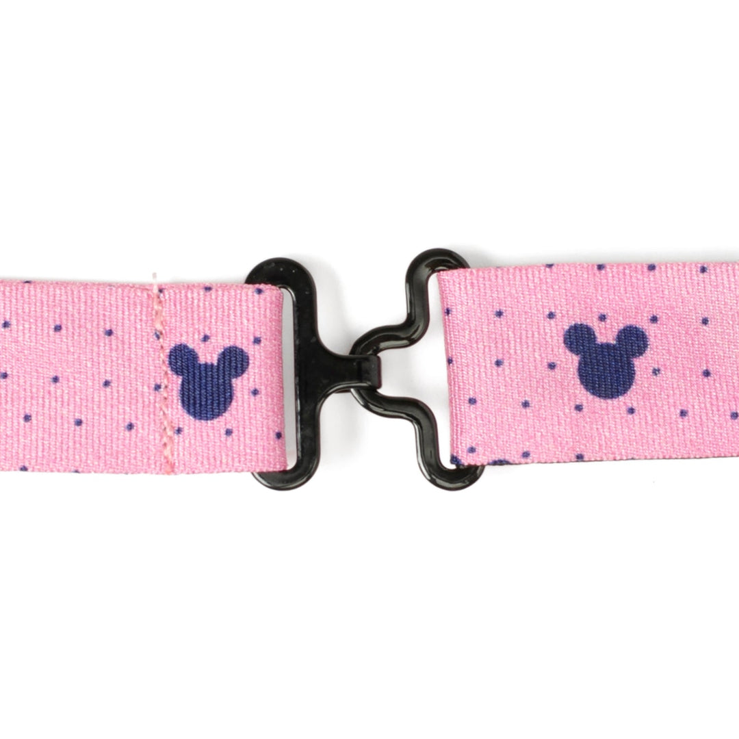 Disney Mickey Mouse Pink Dot Silhouette Pre-Tied Bow Tie in pink silk with dark blue polka dots and Mickey Mouse silhouettes, connected by a black metal hook clasp.
