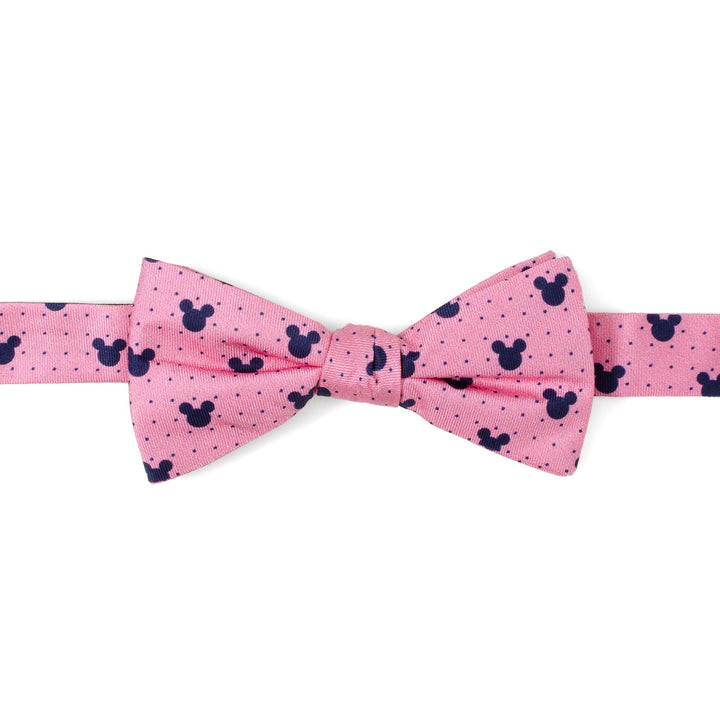 Disney Mickey Mouse Pink Dot Silhouette Pre-Tied Bow Tie in pink silk with a dark blue polka dot and Mickey Mouse silhouette pattern.