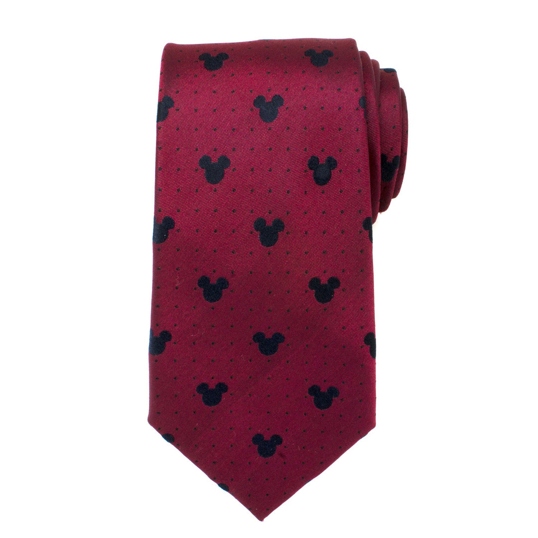 Disney Mickey Mouse Red Pin Dot Men’s Tie in red featuring a pattern of black silhouettes and small dots.