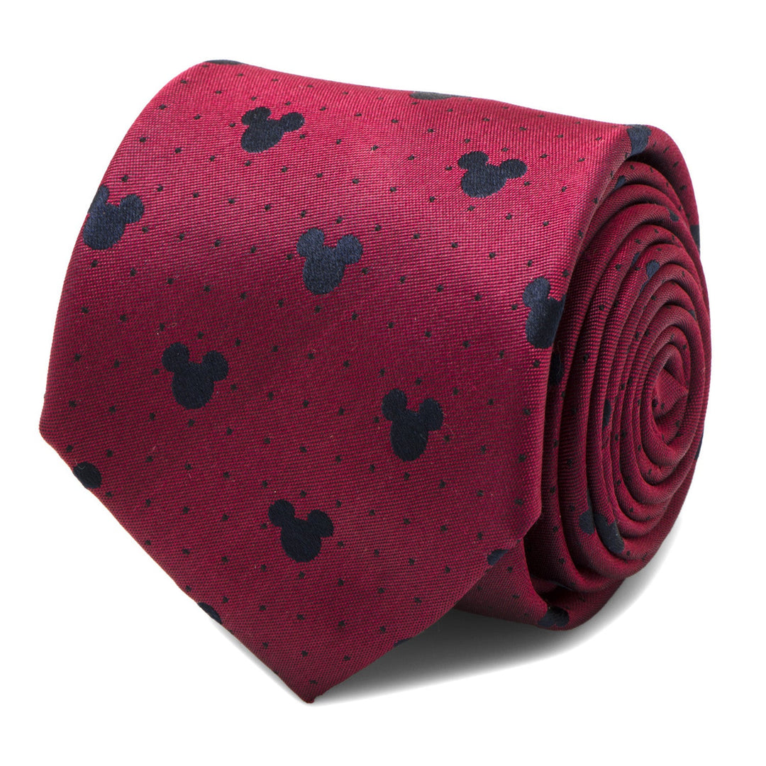 Rolled Disney Mickey Mouse Red Pin Dot Men’s Tie in red silk featuring a pattern of dark blue Mickey Mouse silhouettes and small dots.