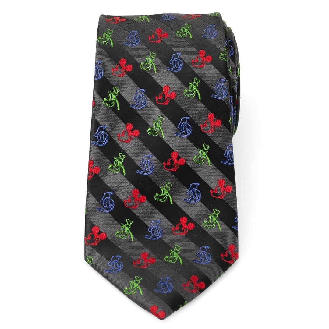 Disney Mickey and Friends Multi Black Stripe Men’s Tie featuring black and grey stripes with a repeating pattern of small red, green, and blue Mickey Mouse icons.