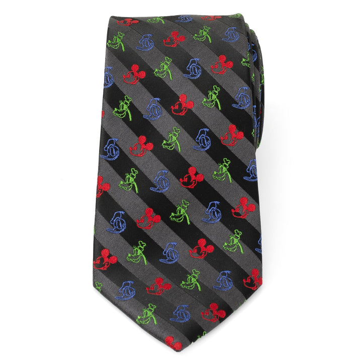 Disney Mickey and Friends Multi Black Stripe Men’s Tie featuring black and grey stripes with a repeating pattern of small red, green, and blue Mickey Mouse icons.