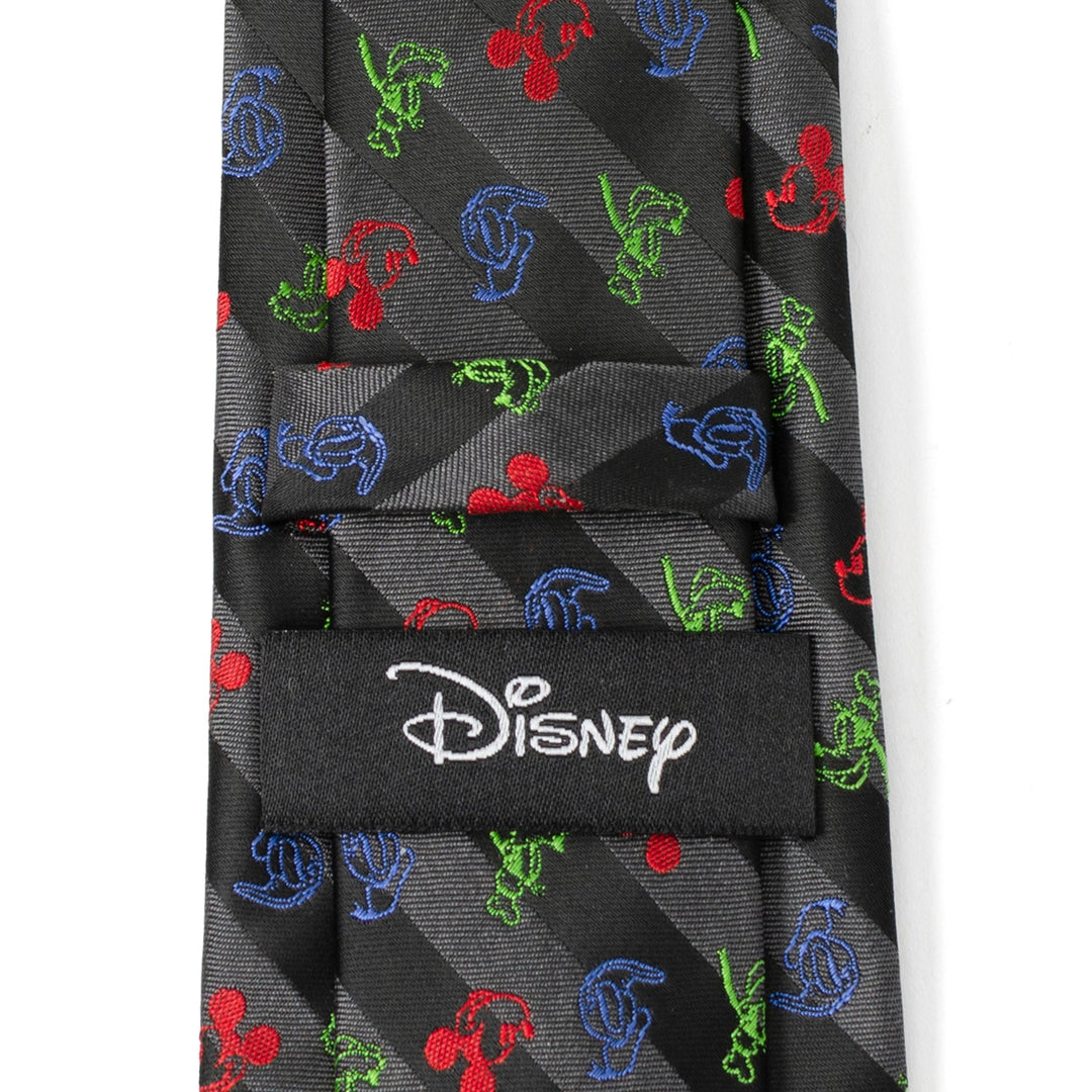 Disney Mickey and Friends Multi Black Stripe Men’s Tie featuring a diagonal stripe pattern with embroidered red, blue, and green Mickey Mouse silhouettes and a Disney label on the back.