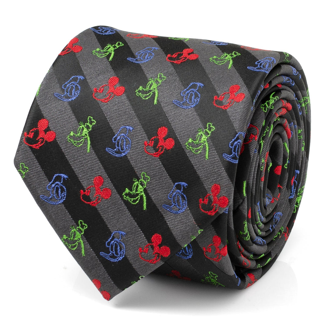Disney Mickey and Friends Multi Black Stripe Men’s Tie in a rolled silk blend, featuring black and grey diagonal stripes with a repeating pattern of small red, green, and blue Mickey Mouse silhouettes.